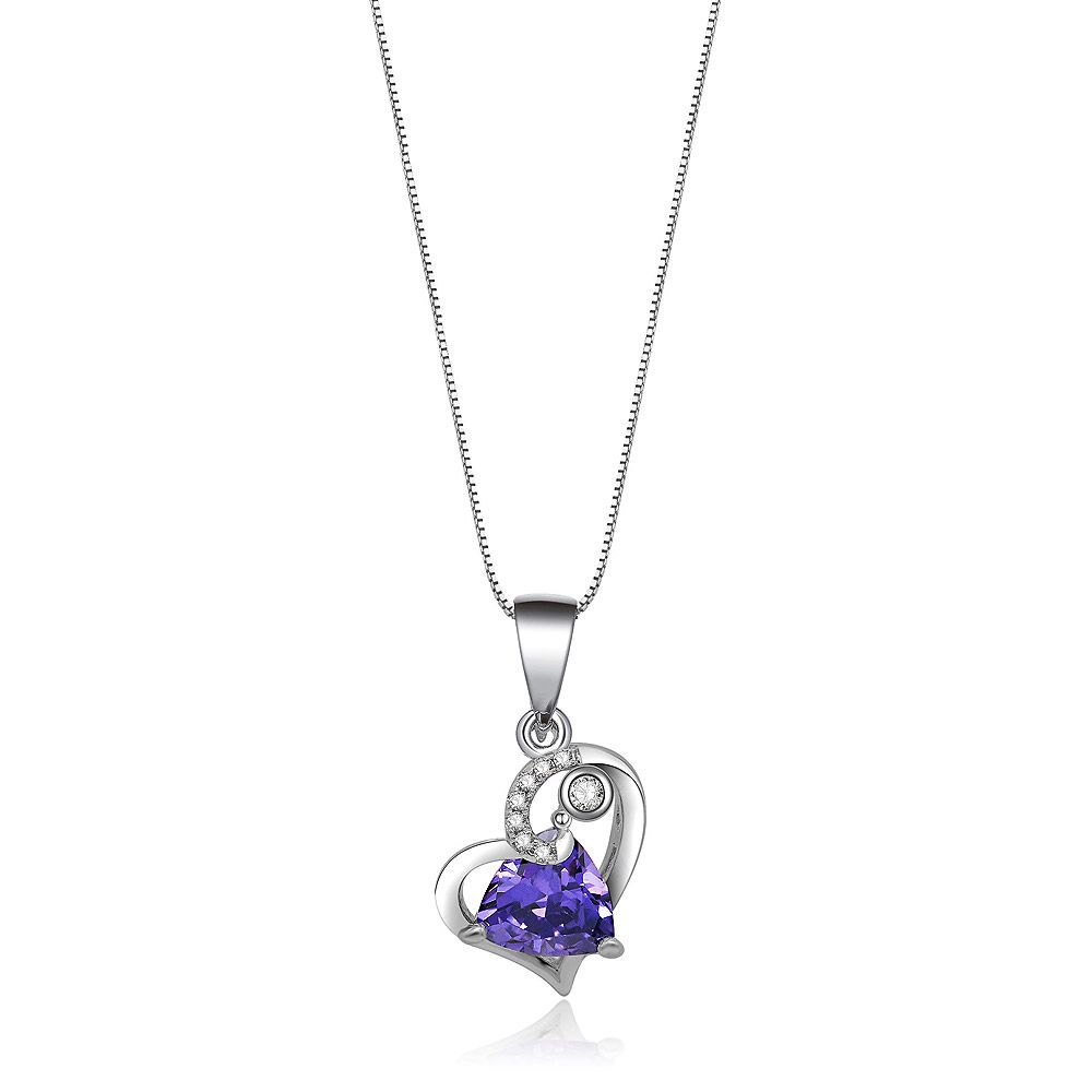 Heart Connect Halskette mit einem silbernen herzförmigen Anhänger, der einen großen lila Zirkonia-Hauptstein und kleinere klare Steine enthält.