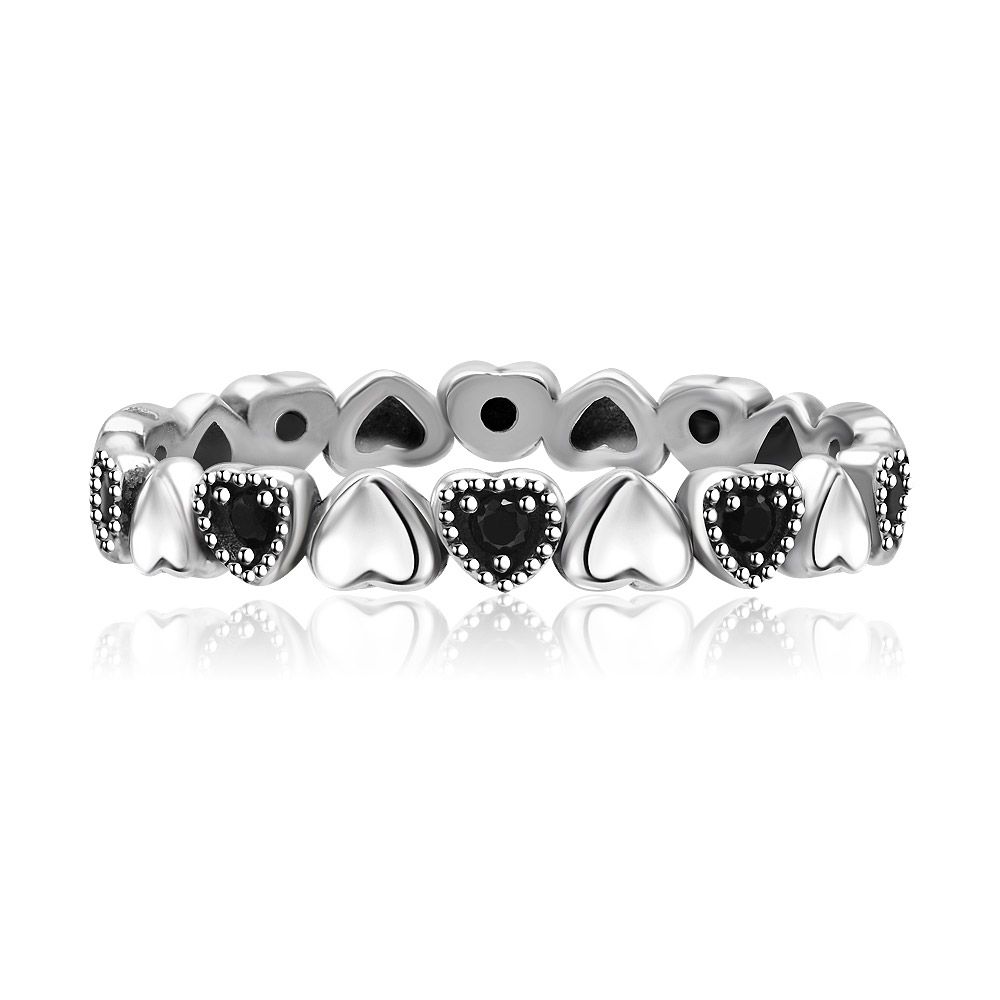 Detailed craftsmanship of the 925 Sterling Silver Black CZ Heart Forever More collection, featuring heart-shaped links and black gemstones.