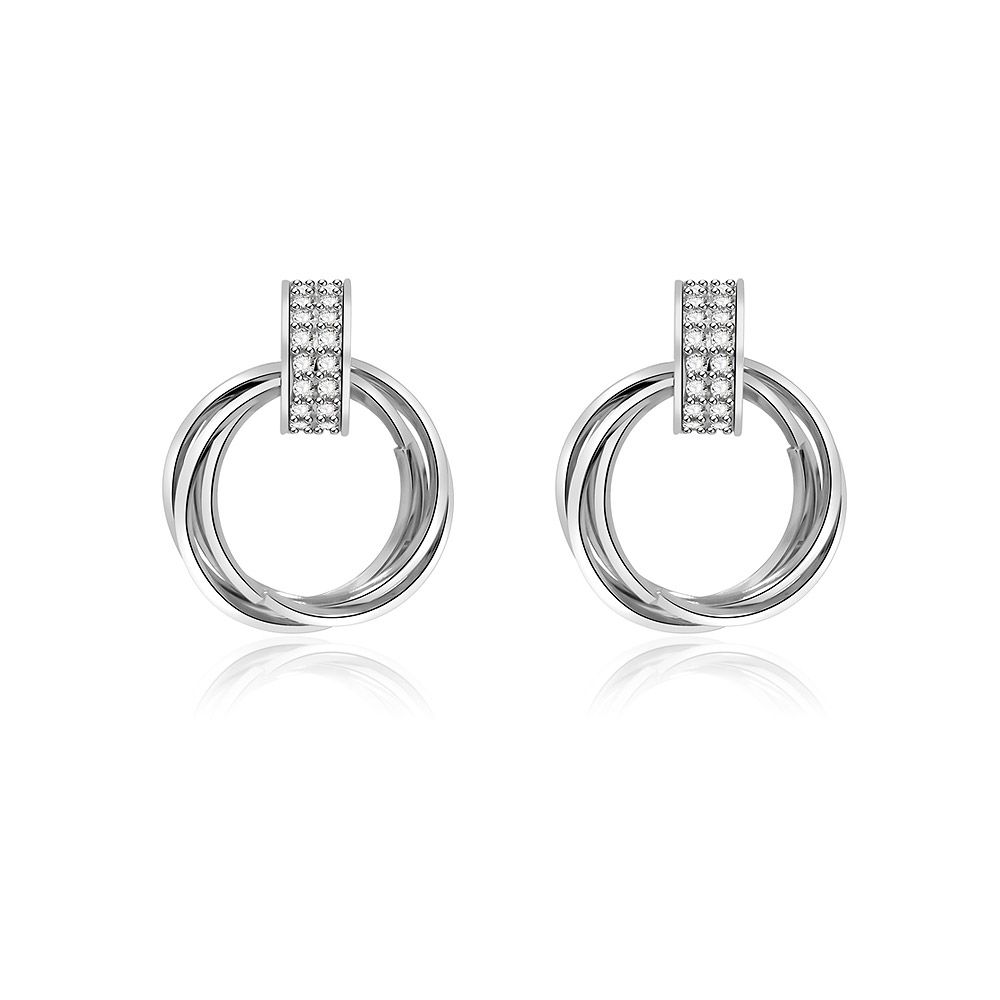 Front view of the Cubic Zirconia Knot Drop Earring, showcasing its double-layered circular design in rhodium-plated brass with a sparkling cubic zirconia-studded bar.