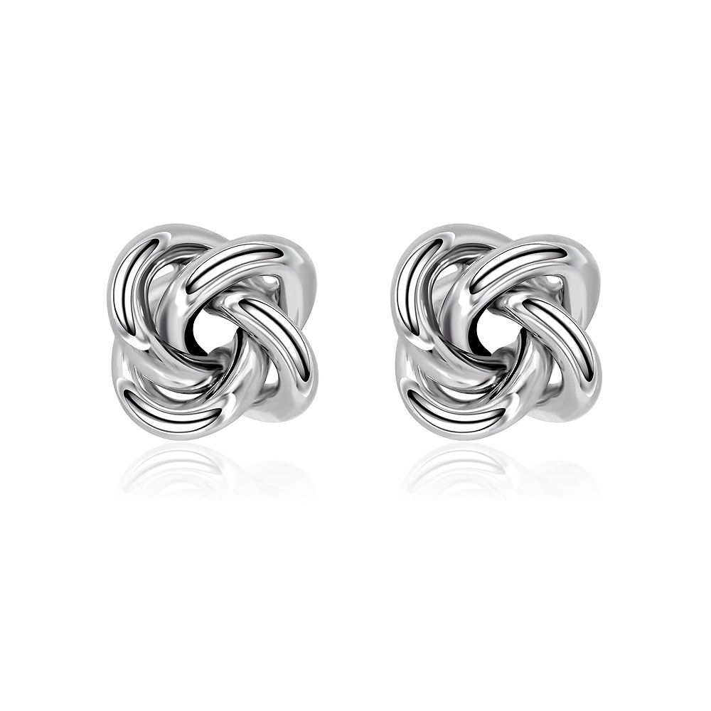 Un paio di eleganti orecchini a perno Twist Knot in argento con finitura lucida in rodio, modello BEQ04-R-00290.