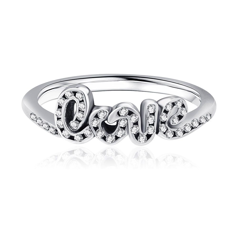 Framifrån vy av Vintage Love Letter Silver Plated Ring, som framhäver designen med 'love' i skrivstil och glittrande vit kubisk zirkonia.