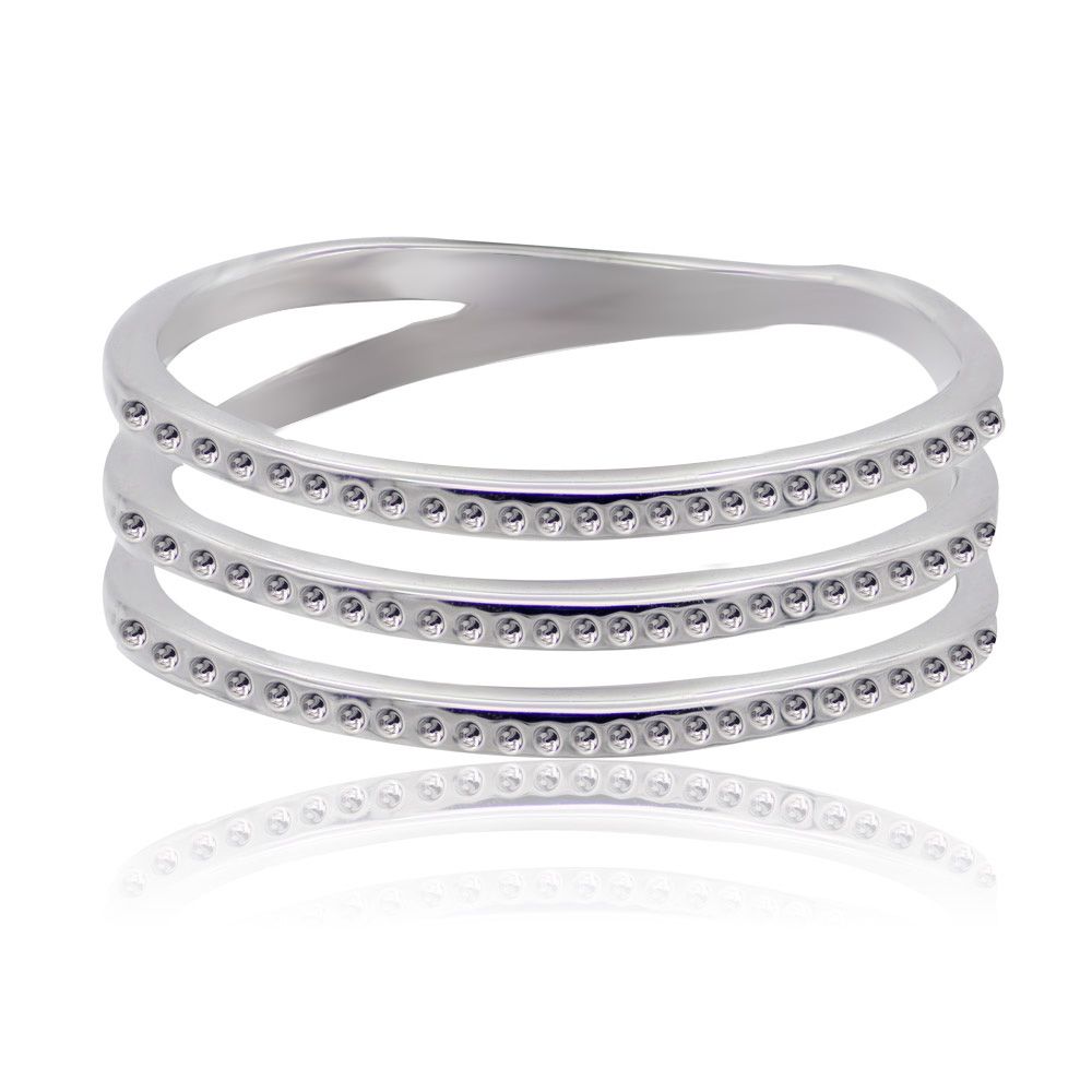 A close-up of the Open Air Liner Ring, showcasing its multi-layered design and polished rhodium-plated finish, designed for stacking.