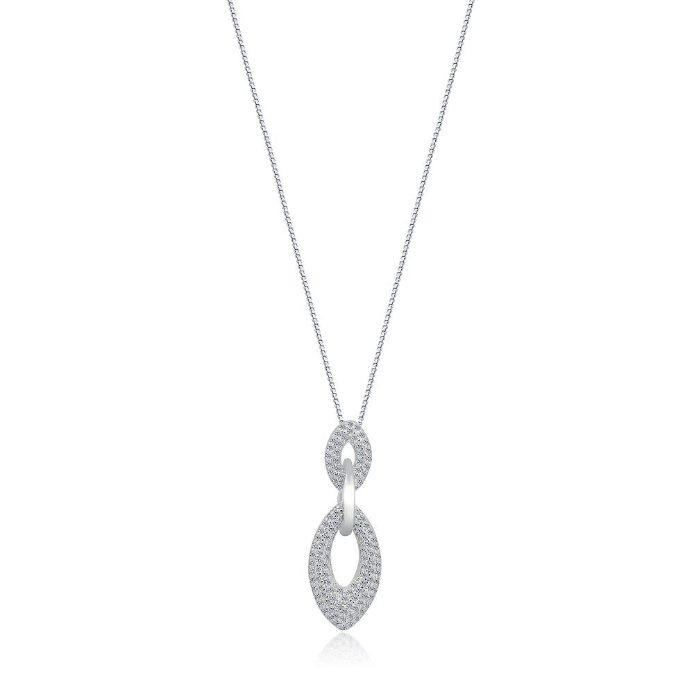 Tri Link Drop Pave CZ-hängsmycke med ett distinkt ovalt hänge, rhodiumpläterat och prytt med glittrande kubisk zirkonia.