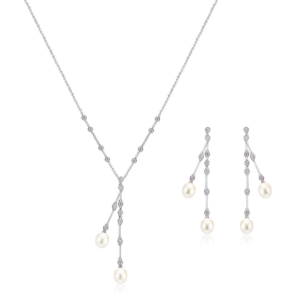 Wholesale Pearl Bridal Jewelry Set JRS-005, showcasing a rhodium-plated necklace and stud earrings adorned with elegant pearls and sparkling cubic zirconia.