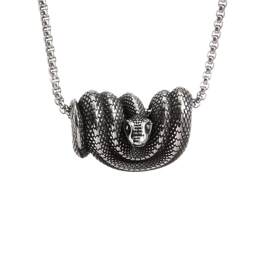 Detailed close-up of a men's stainless steel snake necklace pendant, showing the intricate scale texture and coiled design.