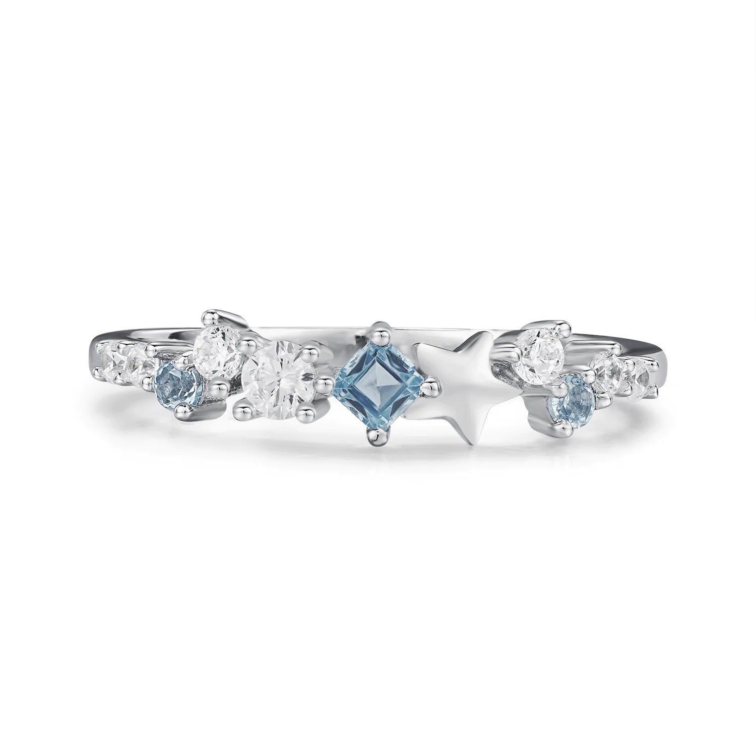 Stellar Dreams 925 sterling zilveren sterring met schitterende blauwe en witte zirkonstenen.