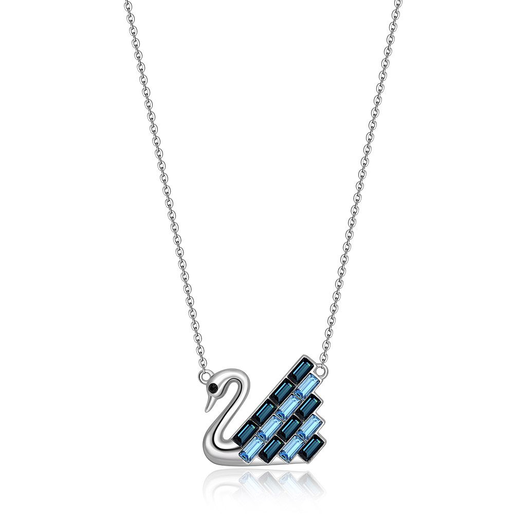 Close-up of the Blue Tone Swarovski Iconic Swan Necklace, showcasing the detailed pavé-set blue crystals on the 925 sterling silver, rhodium-plated pendant.