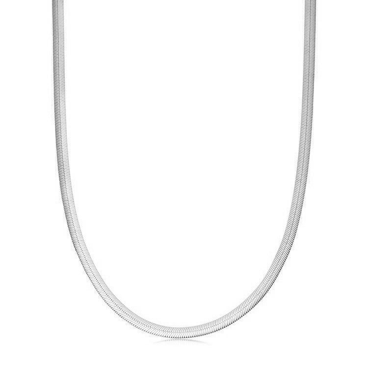 A minimalist 925 sterling silver herringbone snake chain necklace with a flat, textured design, displayed in a U-shape against a white background to showcase its flexibility and shine.