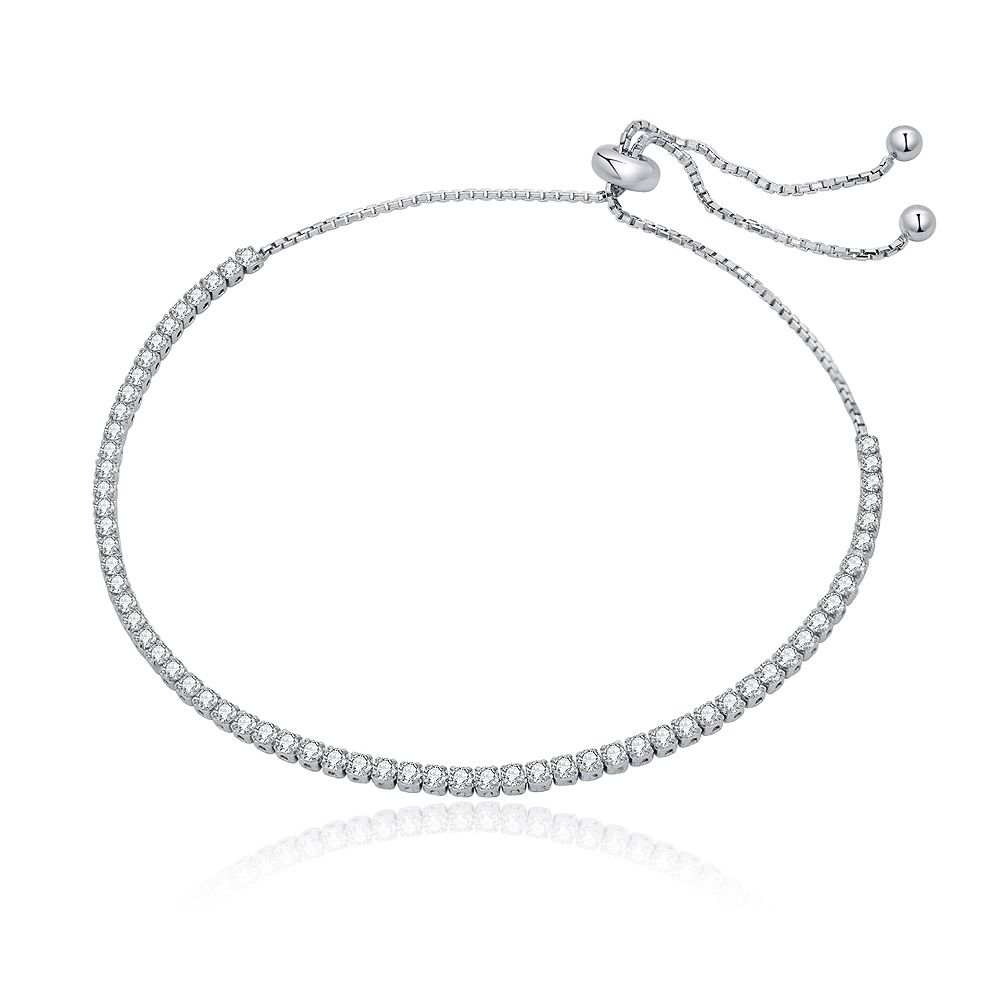 Glamour Tennis Adjustable Bracelet in rhodium-plated brass, featuring a row of clear cubic zirconia stones and a drawstring closure.