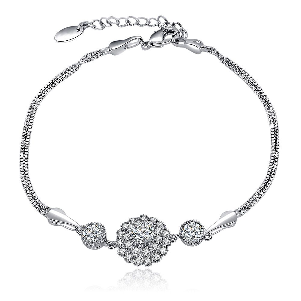 CZ Sunburst Charm Box Snake Chain Bracelet in rhodium-plated brass, featuring a central cubic zirconia sunburst charm and side stones, displayed on a white background.