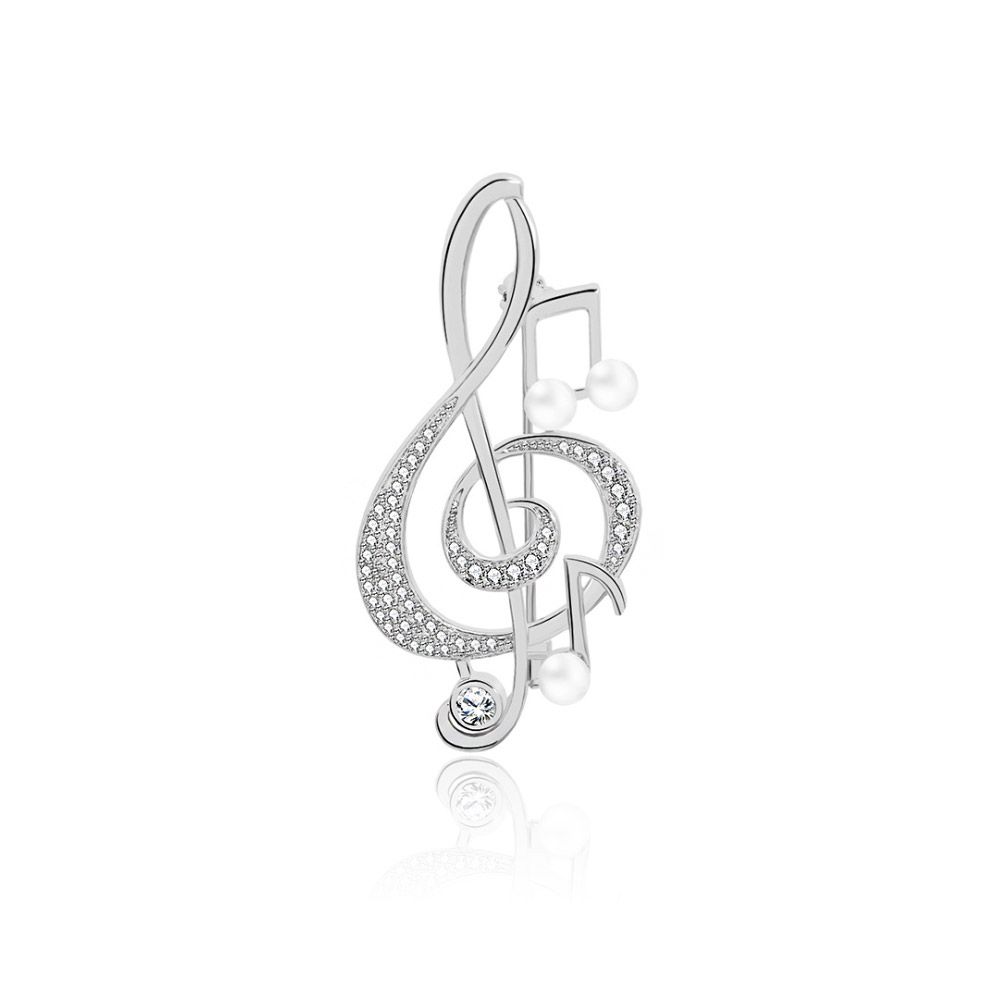 Elegant music note women's brooch pin with a treble clef design, micro-paved with cubic zirconia and white glass pearls.