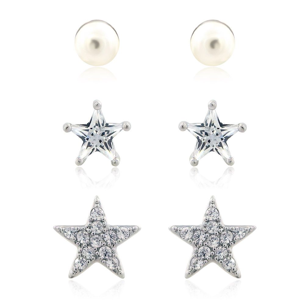 Ett set med tre studsörhängen inklusive klassiska vita pärlstuds, ett stjärnörhänge med en sten och ett stjärnörhänge med flera stenar, erbjudna av JR Fashion Accessories.