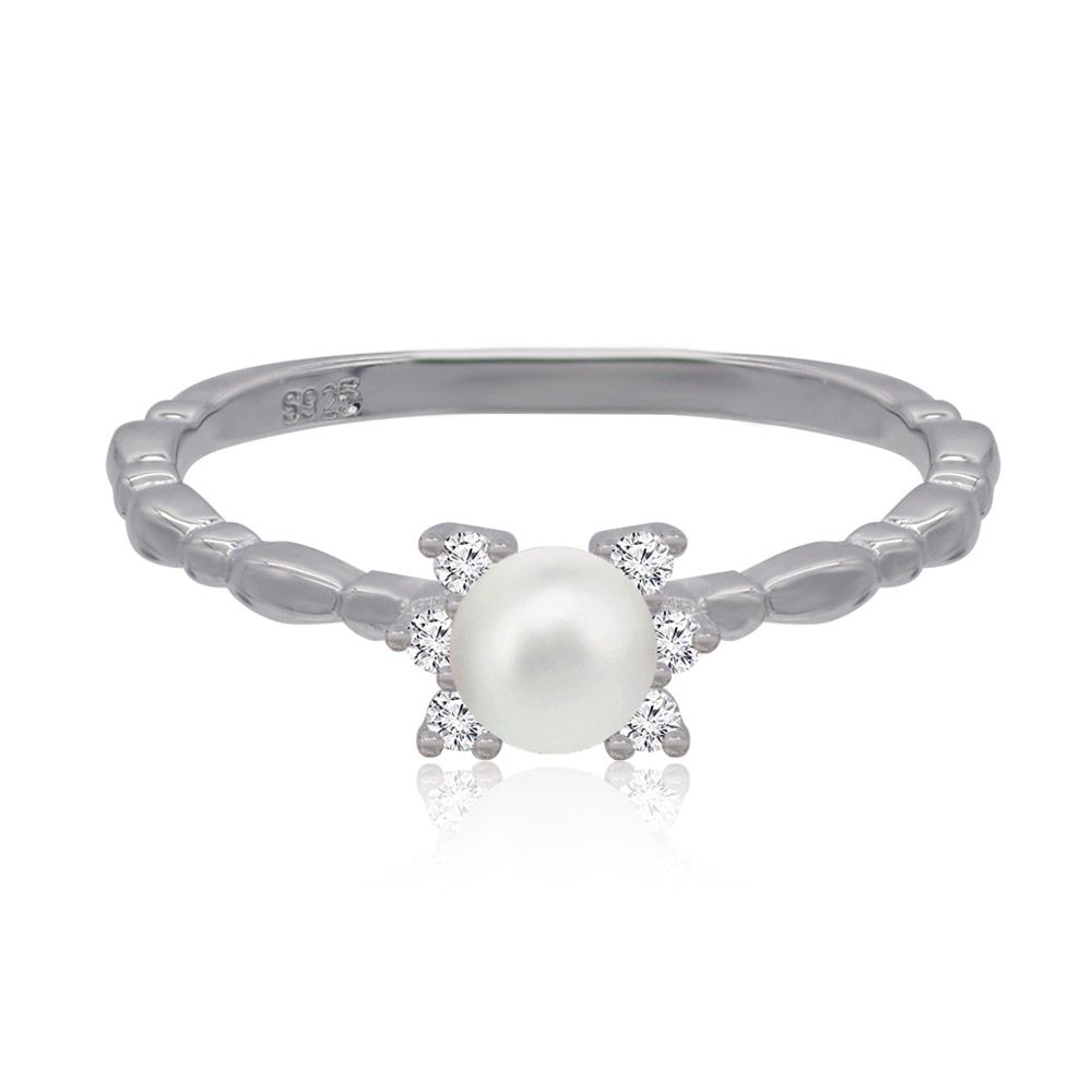 Close-up of the Pearl CZ Fine Band Ring, showcasing the central white glass pearl and surrounding cubic zirconia on a rhodium-plated brass band.