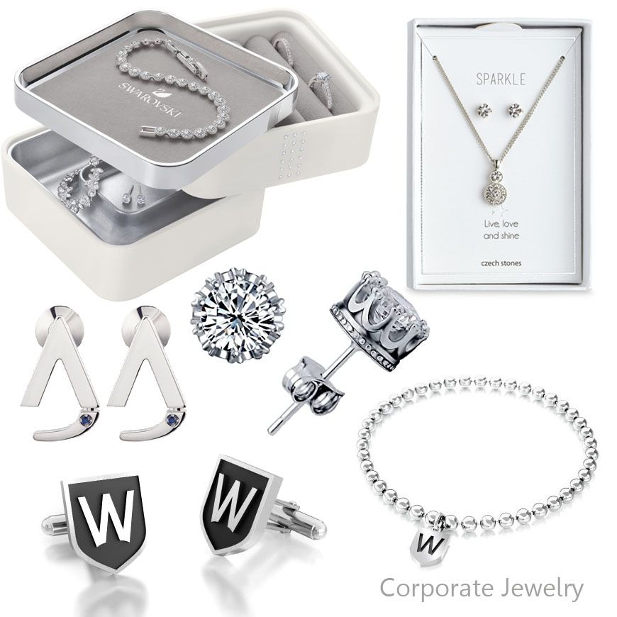 A collection of custom corporate jewelry including crystal cufflinks, earrings, and bracelets by JR Fashion Accessories.