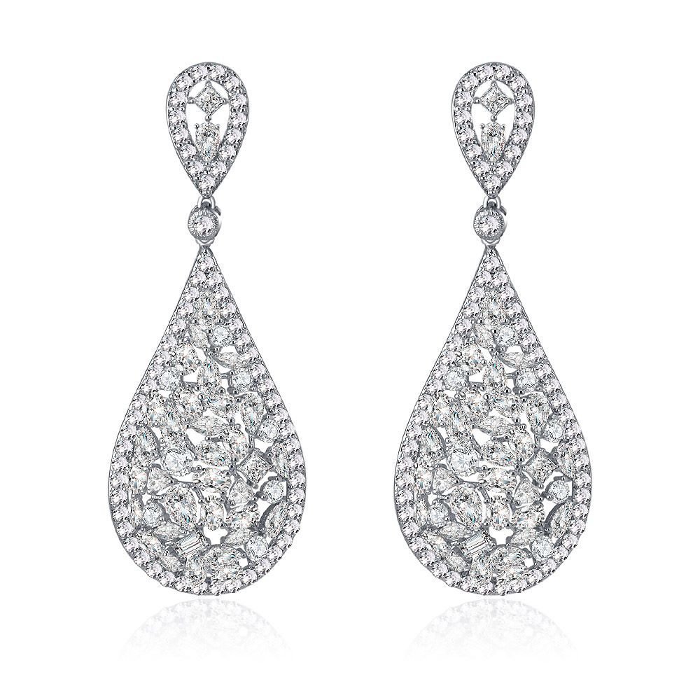 Front view of the elegant Ladies Cubic Zirconia Teardrop Earrings, showcasing the brilliant stones and intricate filigree design on a white background.