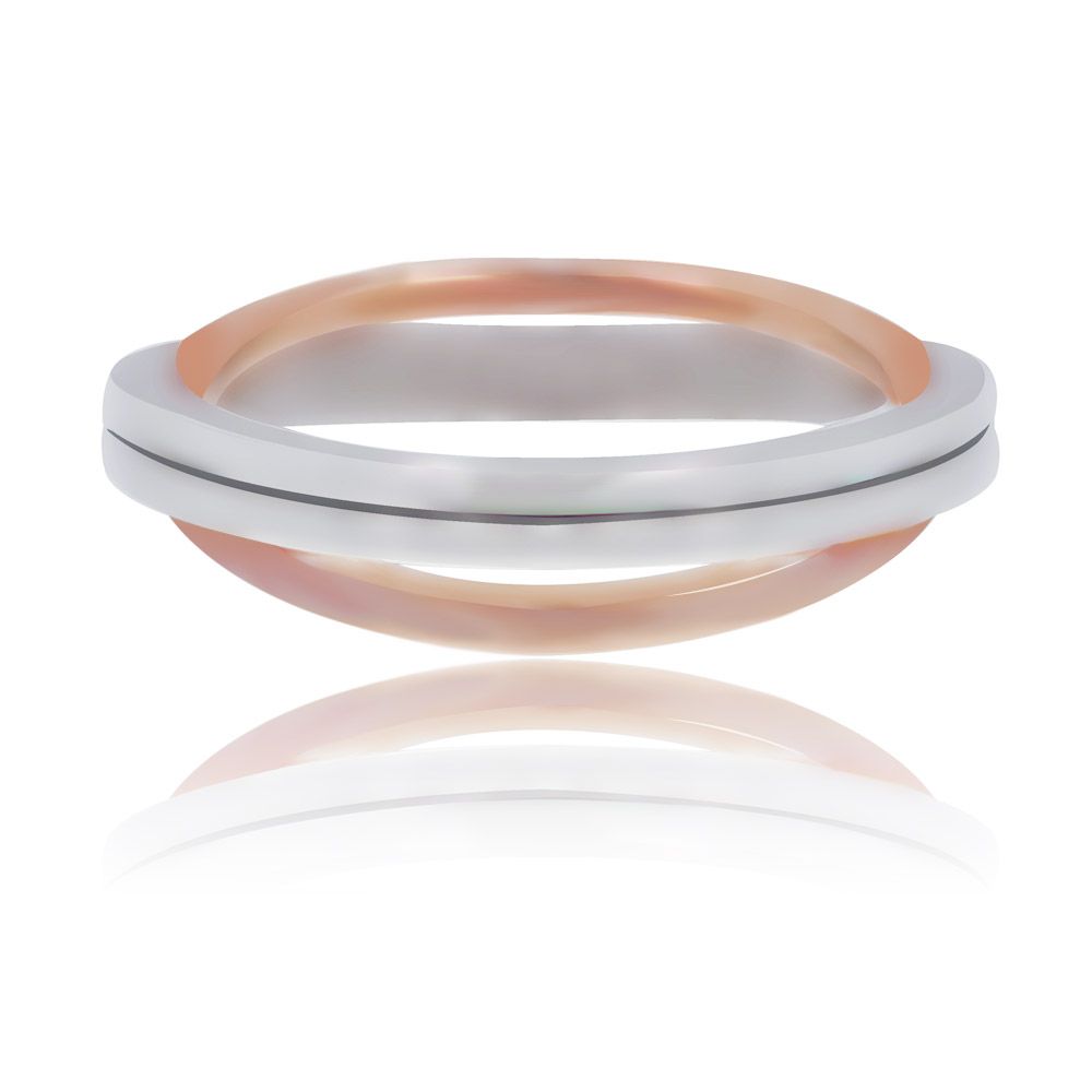 Anello moderno a doppia fascia interconnessa bicolore con una fascia esterna in rodio lucido e una fascia interna in oro rosa.