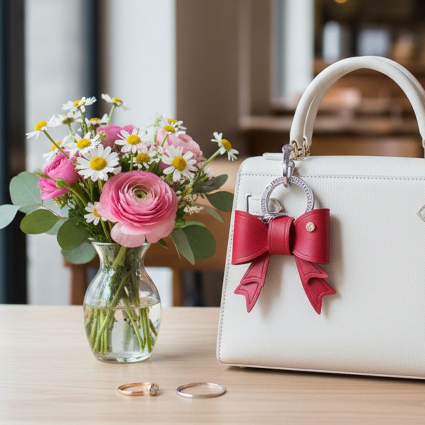 Elegante portachiavi a fiocco in PU rosso con accento di strass, mostrato come charm stiloso su una borsa bianca.