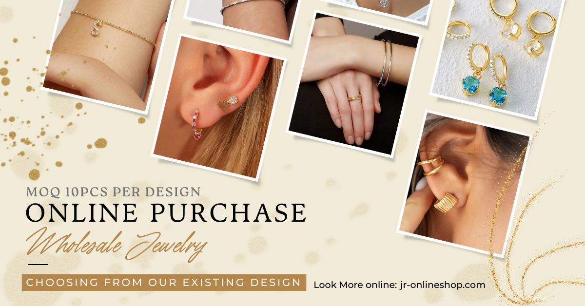 Banner promozionale per il negozio online di JR Fashion Accessories, che presenta gioielli in oro all'ingrosso con un link per acquistare online.