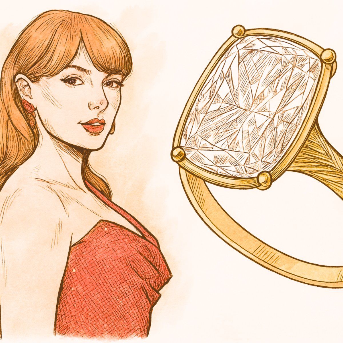 Un'illustrazione elegante di una donna che ammira un grande anello di fidanzamento con diamante, che rappresenta la gioielleria personalizzata ispirata a Taylor Swift offerta da JR Fashion Accessories.