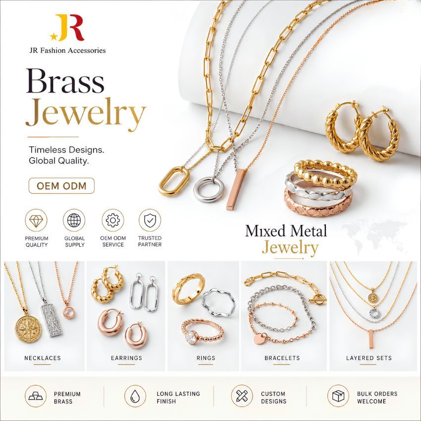 B2B custom brass jewelry manufacturer. OEM/ODM wholesale supply of premium mixed metal necklaces, rings, and earrings.