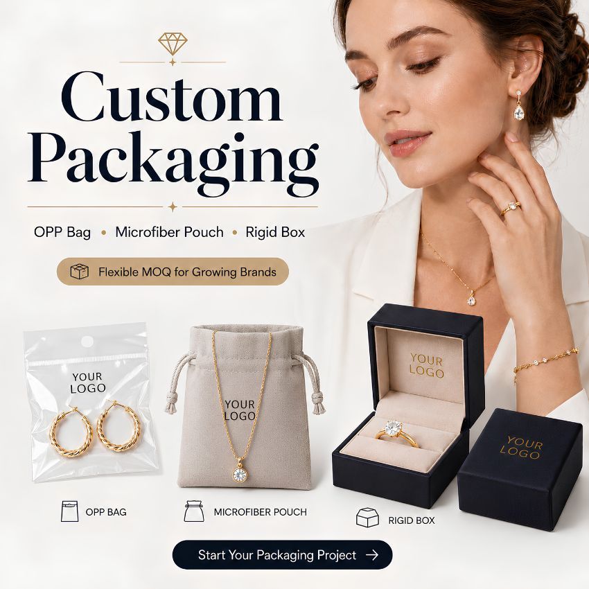 Jewelry custom packaging options including OPP bag, microfiber pouch, and rigid box with logo for B2B brand marketing.