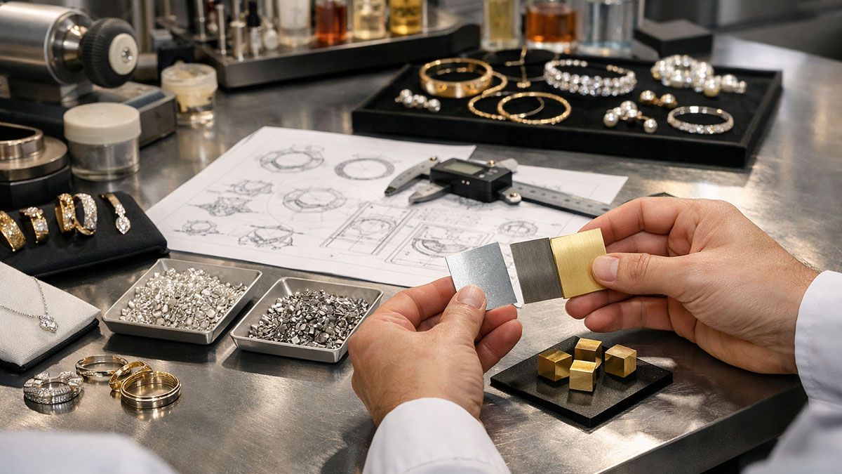 Jewelers inspecting precious metal samples with caliper and technical drawings.