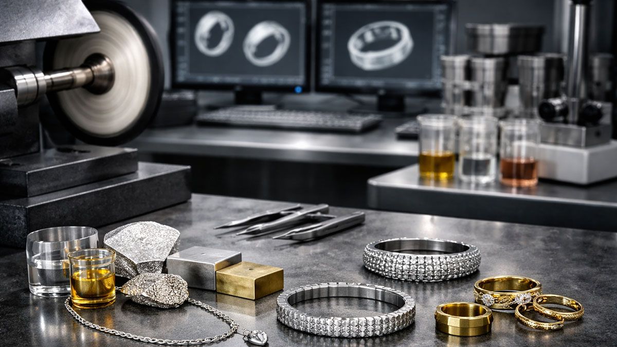 ورشة مجوهرات محترفة: أساور الماس والذهب المنتهية، مخزونات معدنية، أكواب كيميائية، وجهاز كمبيوتر لتصميم CAD.