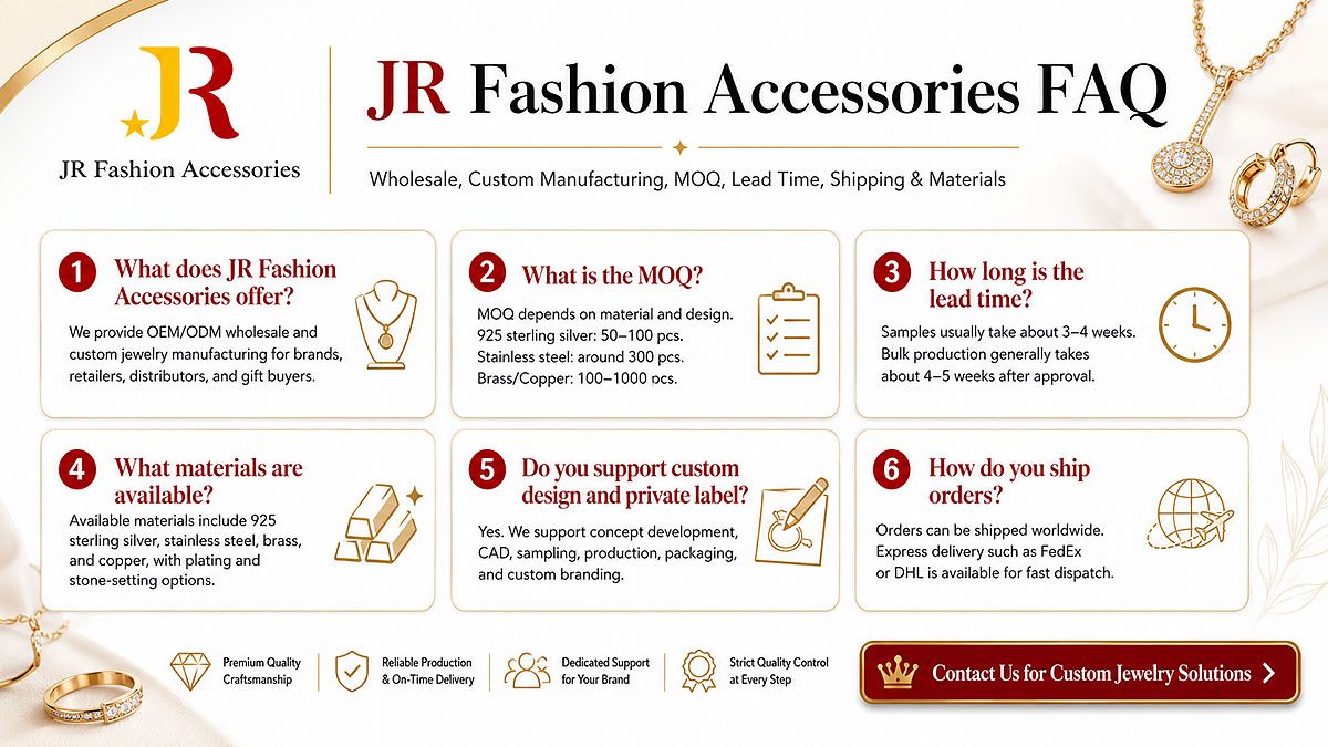 B2B Custom Jewelry Manufacturing FAQ: OEM/ODM wholesale, MOQ, lead times & materials by JR Fashion Accessories.