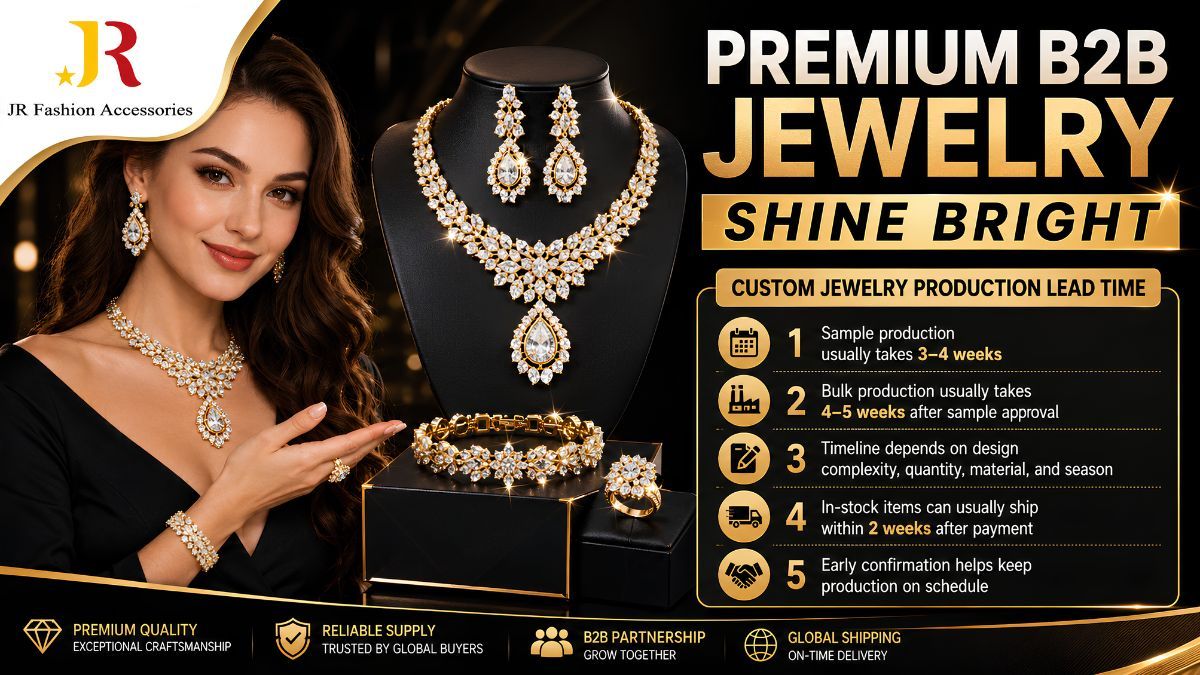 Premium B2B custom jewelry manufacturer displaying luxury necklace sets and wholesale production lead times chart.