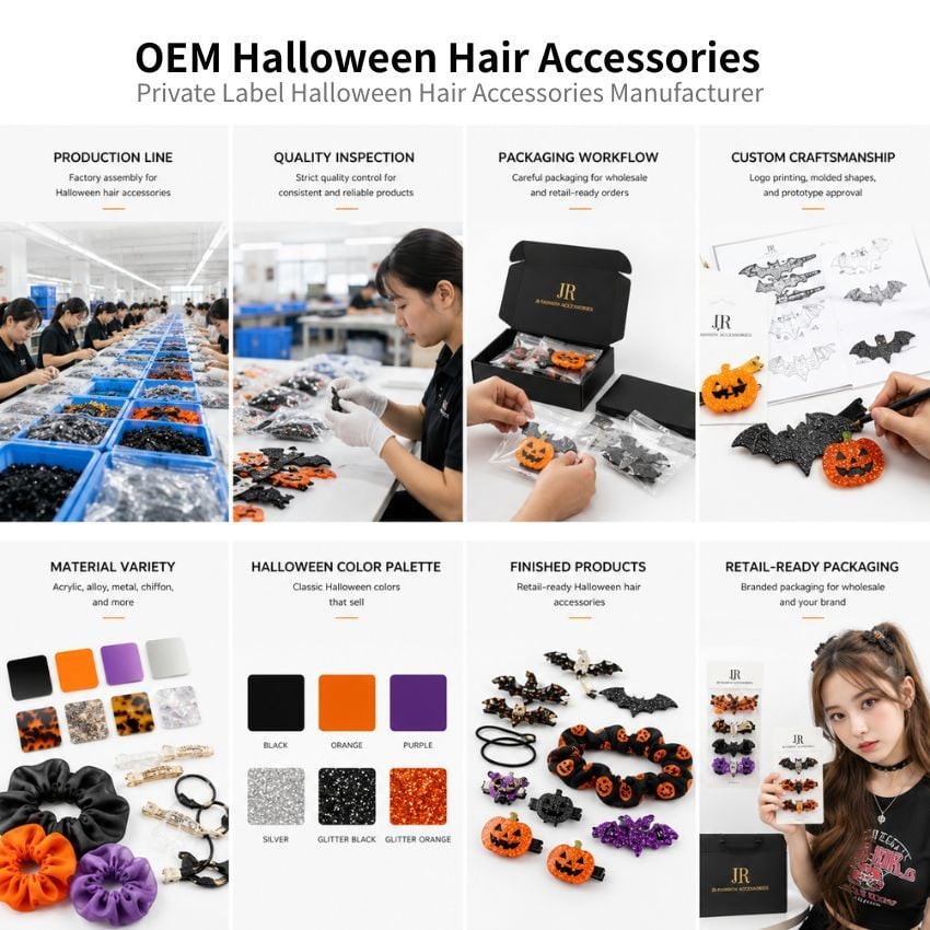 Infografica del produttore di accessori per capelli Halloween OEM che mostra la linea di produzione, l'artigianato personalizzato e l'imballaggio B2B.