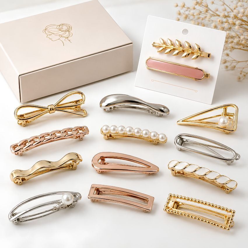さまざまな幾何学的な金属製のヘアクリップ バレッタ パック、カスタム包装箱、卸売ファッション ヘア アクセサリー ベンダー。