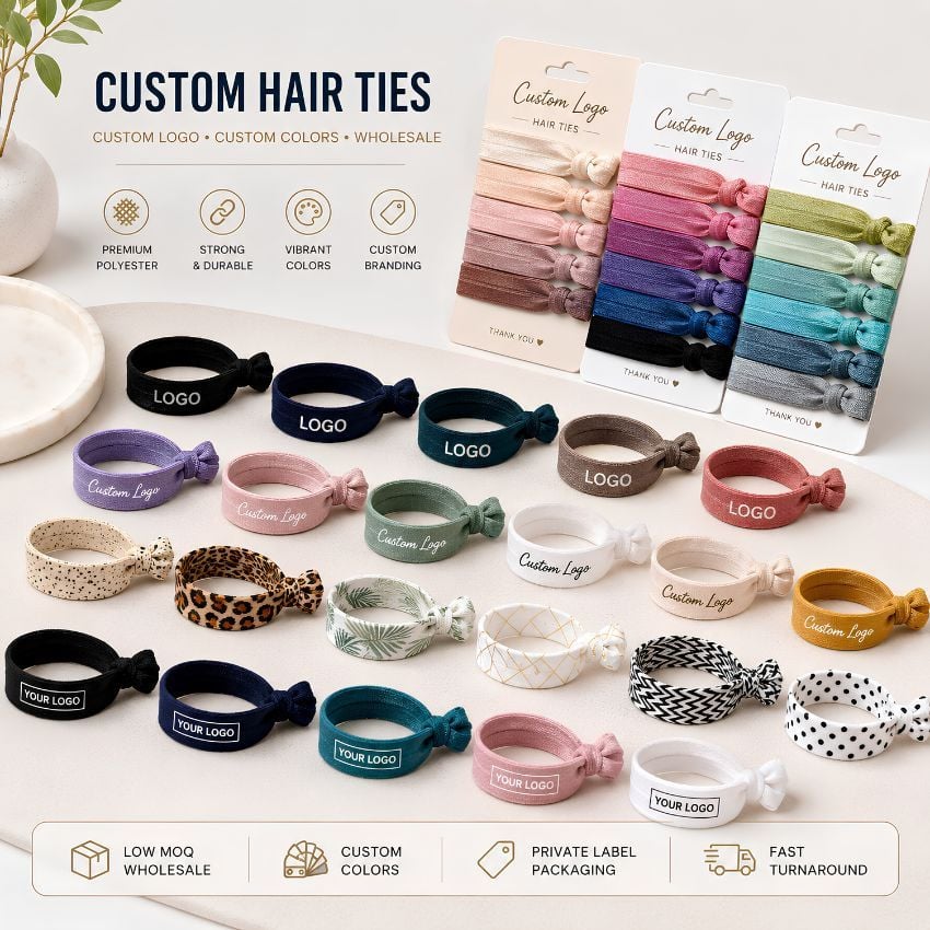 Fasce per capelli in elastico bulk con loghi di marca stampati personalizzati in vari modelli solidi, leopardati e a pois.