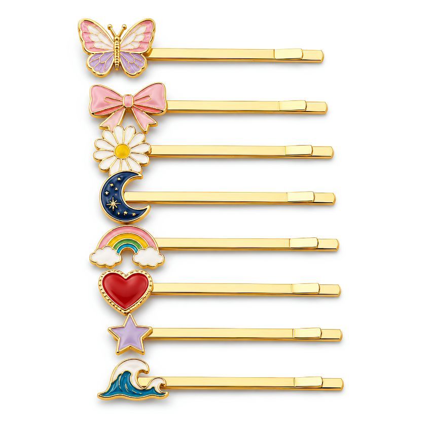 Goldene Haarnadeln mit maßgeschneiderten Emaille-Anhängern in Schmetterlings-, Schleifen-, Gänseblümchen-, Mond-, Regenbogen-, Herz-, Stern- und Wellenmotiven.