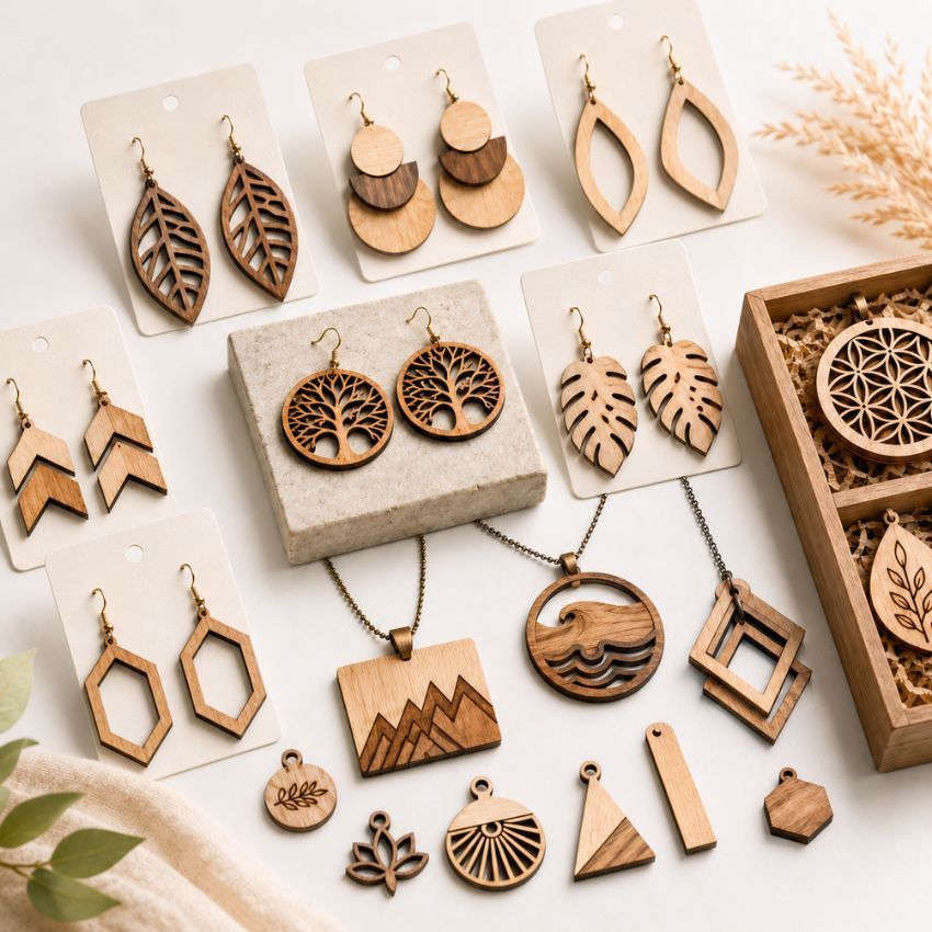 Collezione di orecchini e collane in legno tagliati al laser personalizzati esposta per il catalogo di fornitori di gioielli ecologici all'ingrosso.