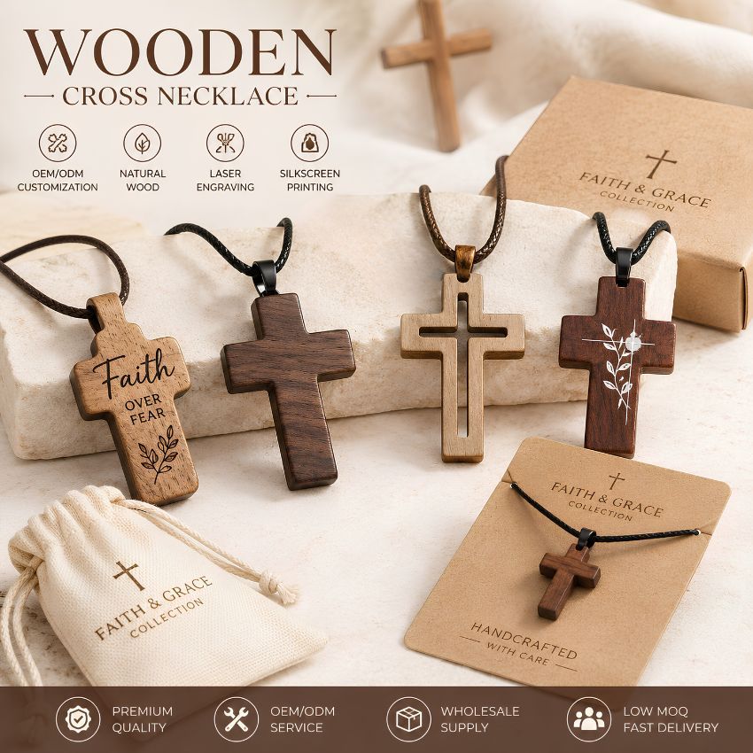 Wholesale wooden cross necklaces featuring engraved faith quotes, hollow out, and botanical printed designs.