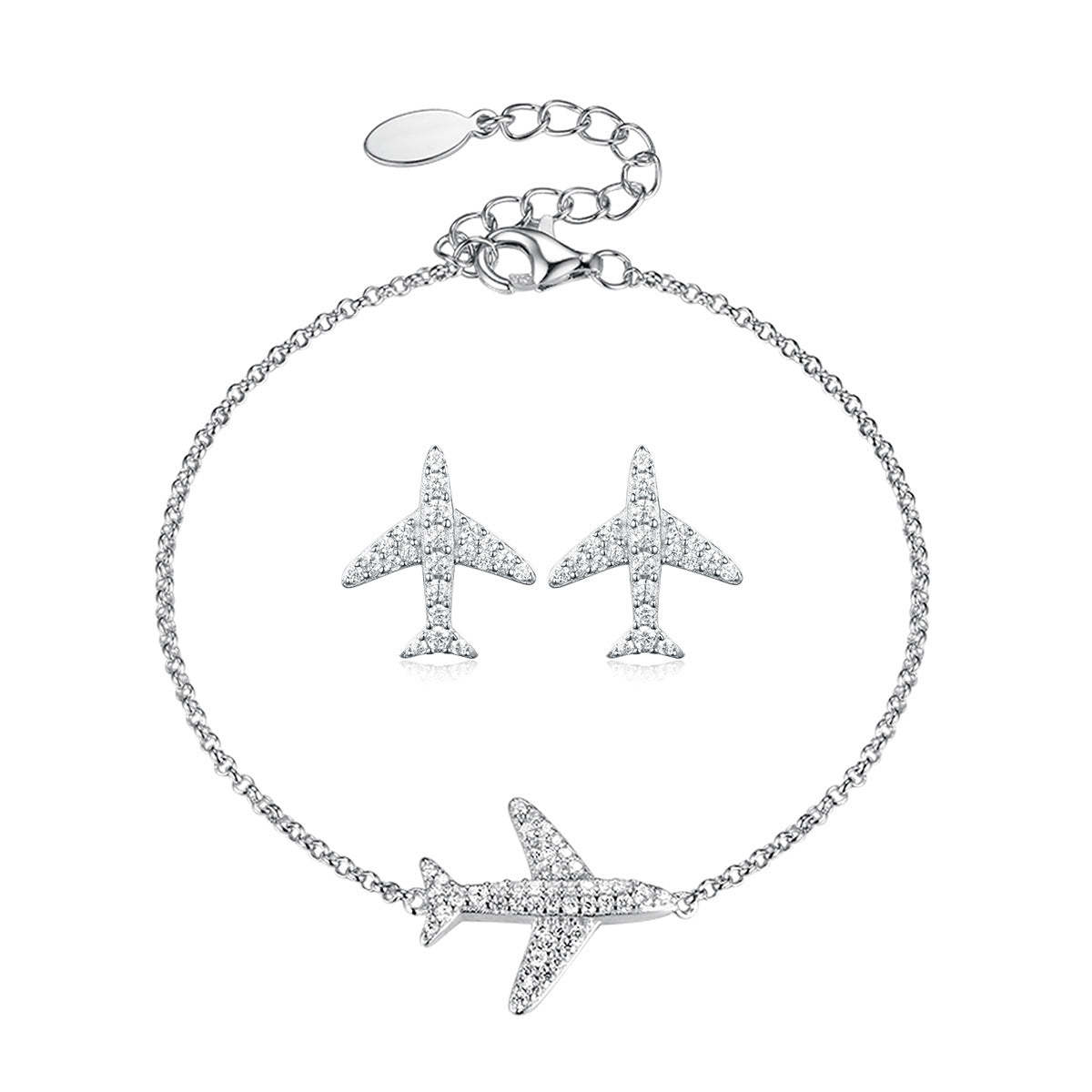 A complete minimalist airplane-themed jewelry set in 925 sterling silver, featuring a delicate bracelet and matching earrings encrusted with sparkling cubic zirconia.