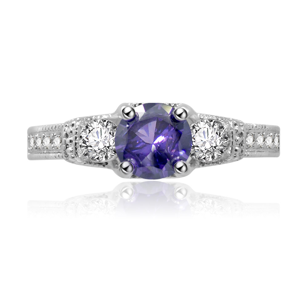 Front view of the Purple Amethyst Elegant Engagement Ring, featuring a large violet cubic zirconia in a 4-claw setting, flanked by smaller white stones on a rhodium-plated band.