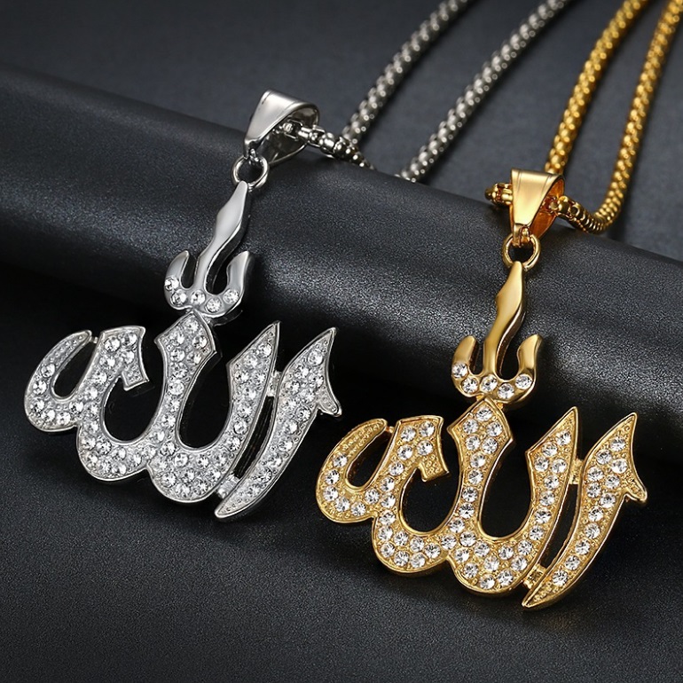Custom Allah charm pendants in both silver and gold finishes, adorned with sparkling crystals.