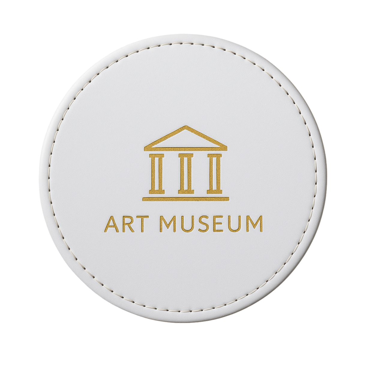 A custom brown leather coaster featuring the debossed logo of an art museum, showcasing a premium promotional gift option.