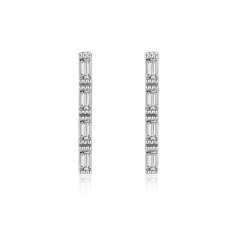 Sparkling CZ Bar Studs featuring a baguette-cut crystal design on a rhodium-plated brass base.