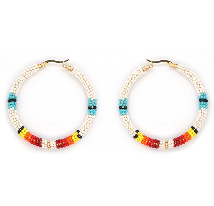 A pair of Rainbow Summer Miyuki Bead Big Hoop Earrings, showcasing the vibrant, colorful bead pattern on a gold-plated stainless steel hoop.
