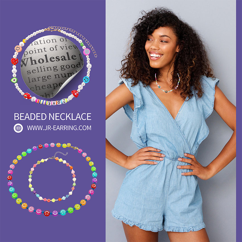 Close-up of the Beaded Necklace With Charms (JRN-065), showcasing its colorful acrylic beads and gold-plated alloy chain, available for wholesale from JR Fashion Accessories.