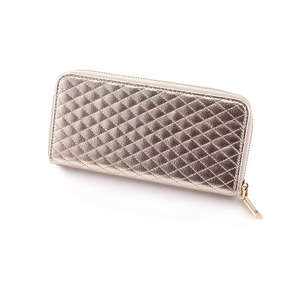A stylish beige quilted PU leather wallet with a gold zipper, showcasing its luxurious texture and design. Ideal for wholesale fashion accessories.