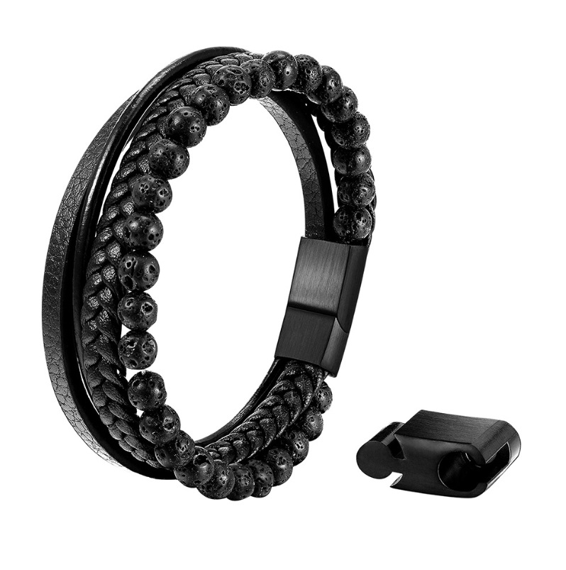 A stylish men's magnetic bracelet featuring black braided genuine leather and porous lava stone beads, displayed on a white surface.