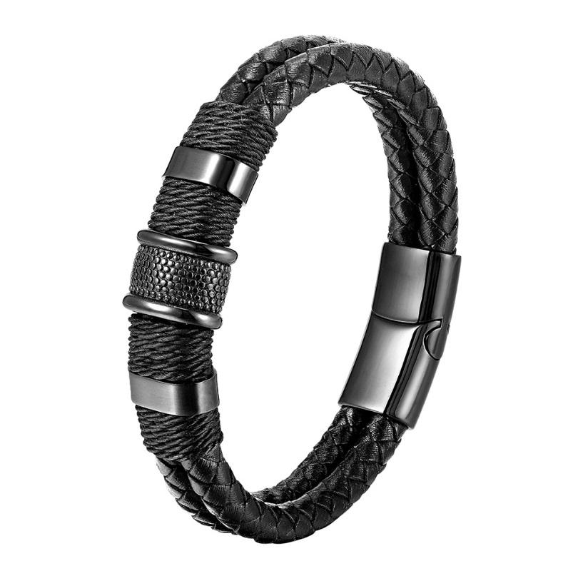 A stylish men's black braided leather bracelet featuring a durable stainless steel clasp and metal accents, model Men-005.