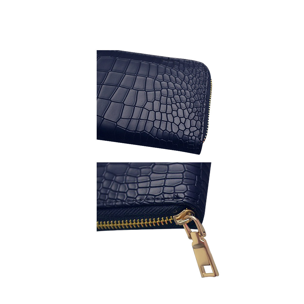 A stylish black crocodile-skin patterned long zip purse with a prominent gold zipper, showcasing its elegant texture and design.