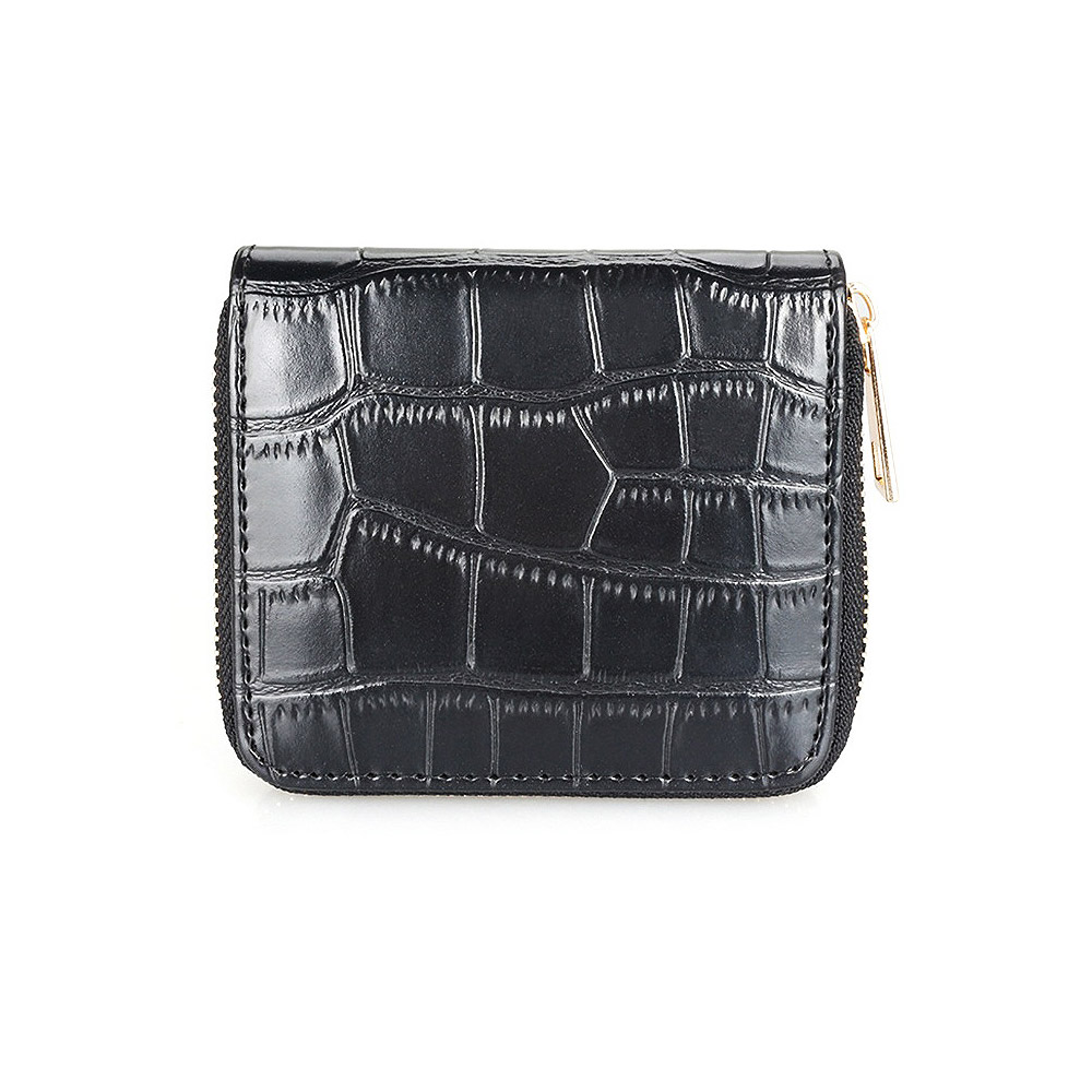 Front view of the Black Croc Short Zip Purse, showcasing its elegant crocodile skin texture in PU leather and gold-toned side zipper.