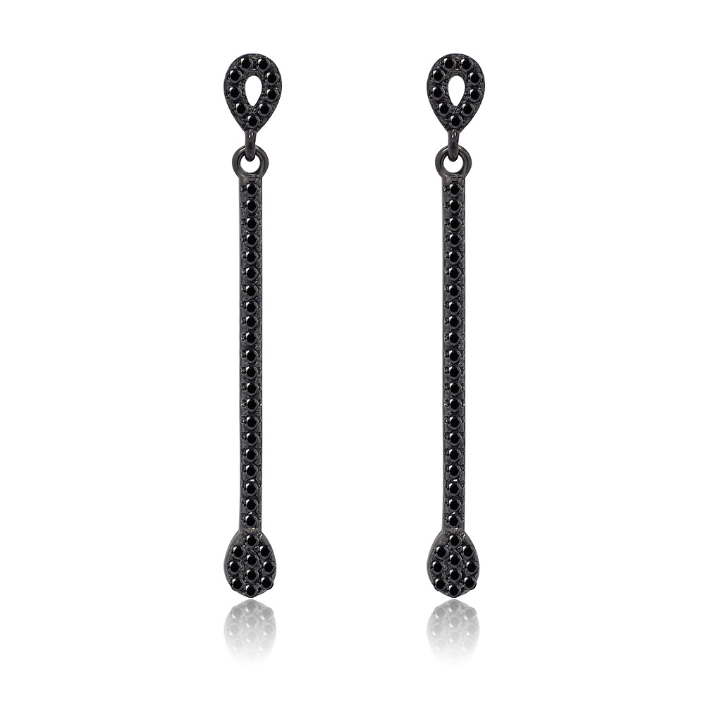A pair of Black CZ Bar Dangle Earrings with a long, slender design, adorned with small black cubic zirconia stones.