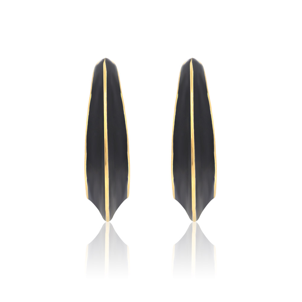 Front view of the Black Enamel Hoop Earrings, showcasing the sleek contrast between the polished gold plating and the smooth black epoxy coating on a white background.