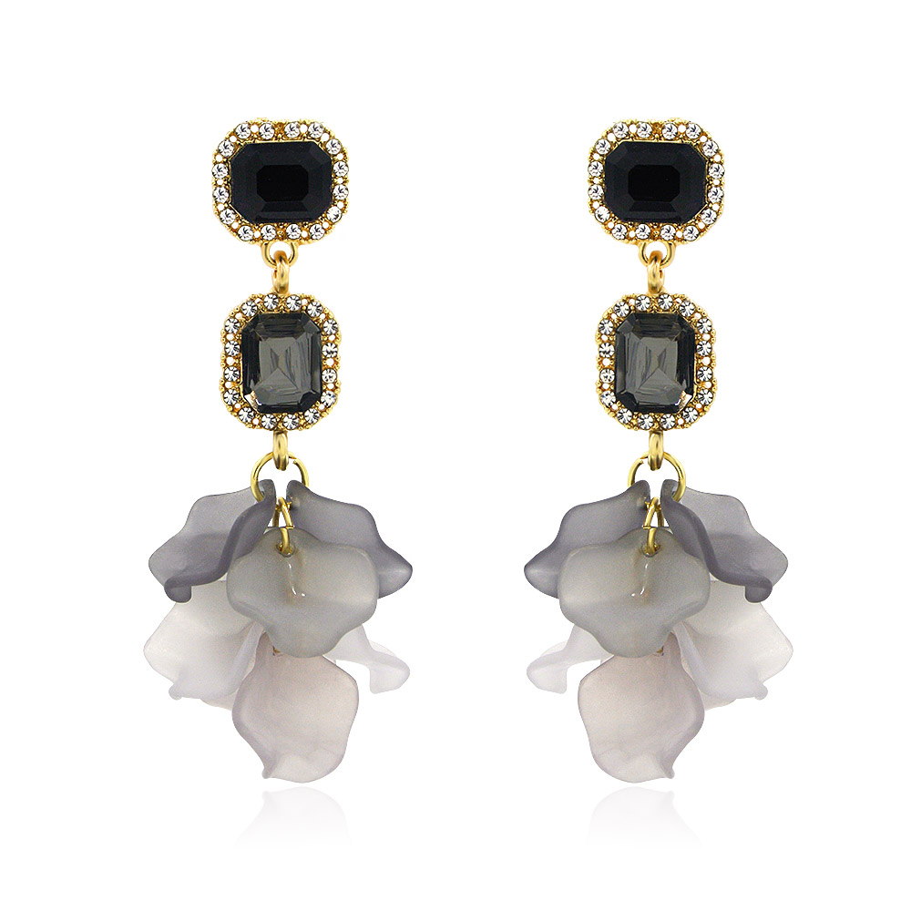 A pair of Dangle Flower Petals Earrings with a gold-plated finish, showcasing a floral design with black and gray crystal gemstones on a white background.